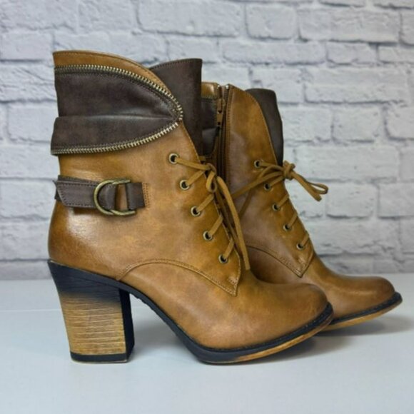 Pierre Dumas Women's Raven Chunky Heeled Boots Mid Shin Brown/Black Size 7.5M - Picture 1 of 9
